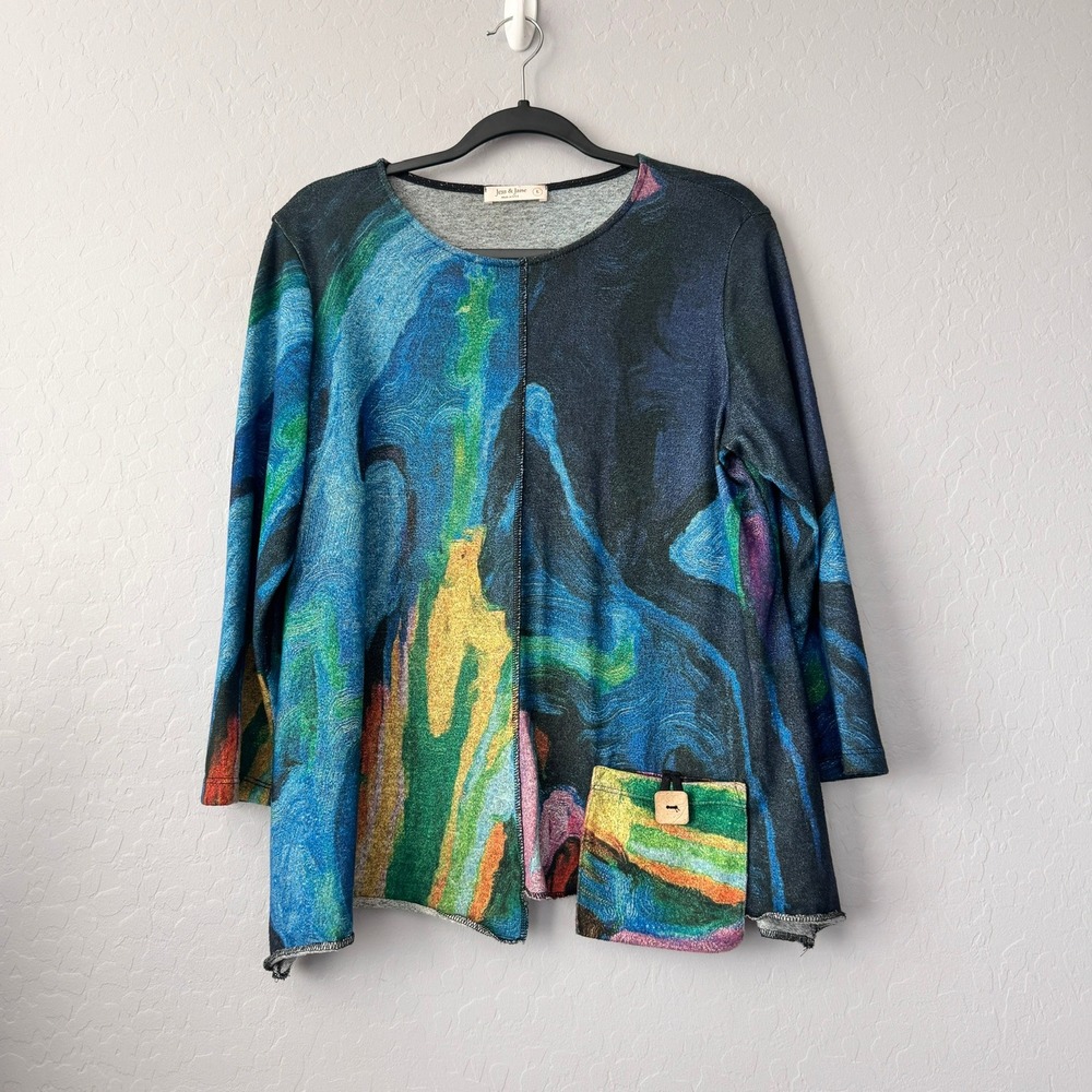 Jess & Jane Large Tunic Top Multi 3/4 Sleeve Abstract Art Layla Made in USA